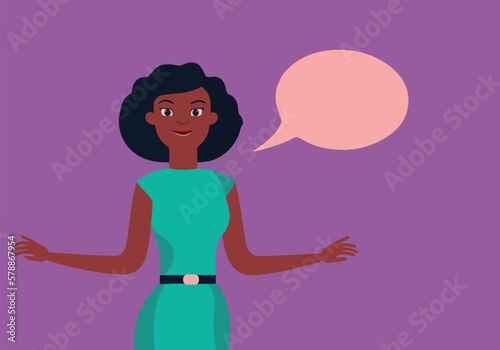 business black woman talking, lecturing, gesturing, excited, green dress, short hair, half body, comic speech bubble, purple background, colorful