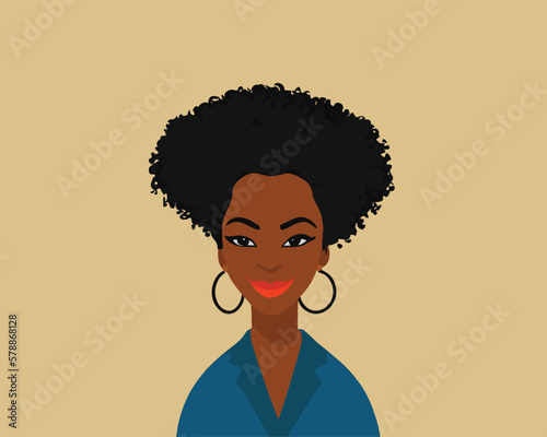 portrait of happy black woman, slight smile, afro hair, wearing blue suit, light yellow background
