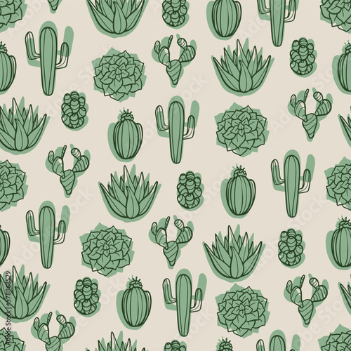Green Cactus Cartoon Doodles Seamless Vector Repeat Pattern