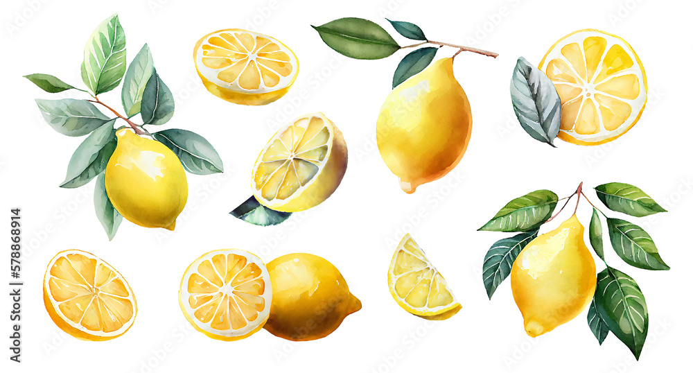 Lemon branches with fruits and green leaves set. Juicy citrus for lemonade. Sliced in pieces fresh lemons, watercolor style illustration isolated on transparent background. Generative AI - obrazy, fototapety, plakaty 
