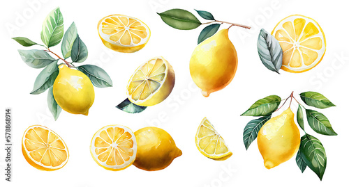 Lemon branches with fruits and green leaves set. Juicy citrus for lemonade. Sliced in pieces fresh lemons, watercolor style illustration isolated on transparent background. Generative AI