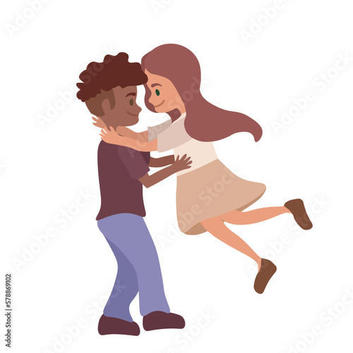 Couple of mixed different race and they are hugging enjoy meeting. Valentine Day.  Interracial man and woman in romantic relationship. Flat characters. Vector Illustration 