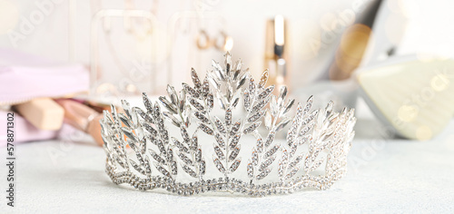 Beautiful tiara on light background. Prom concept photo