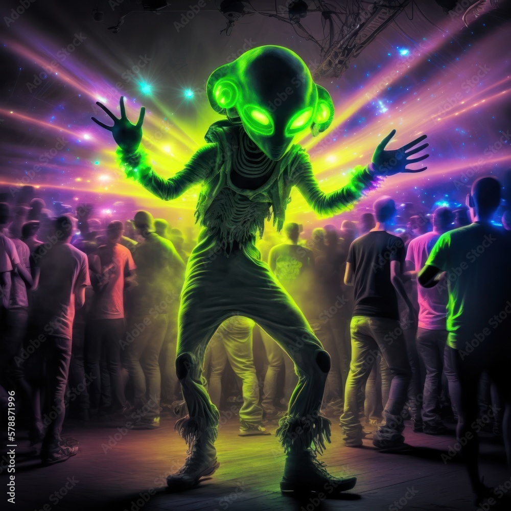 UFO, DJ, rave, wizard, ET, dance, music, extraterrestrial, spell, festival music eletronic rave, GENERATIVE AI