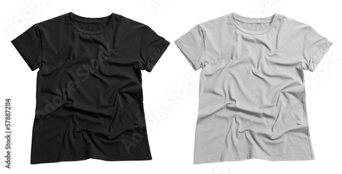Slika na platnu Stylish black and grey t-shirts on white background, top view