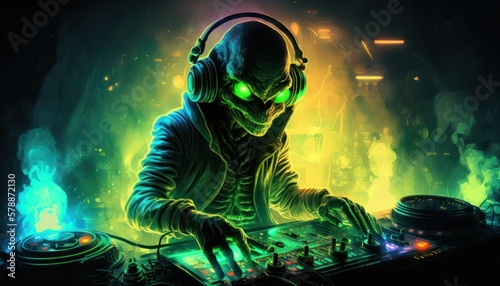 party, rave, DJ, ET, UFO, music, dance, extraterrestrial, rave, festival, eletronic music, neon, smoke, art GENERATIVE AI © nishihata