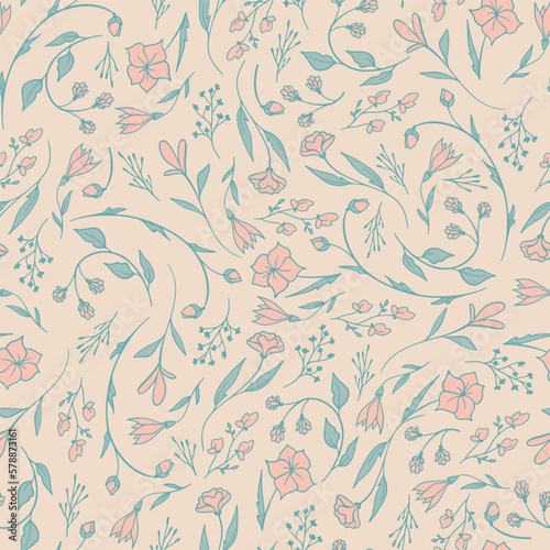 Colorful Pastel Floral Swirl Doodles Seamless Vector Repeat Pattern
