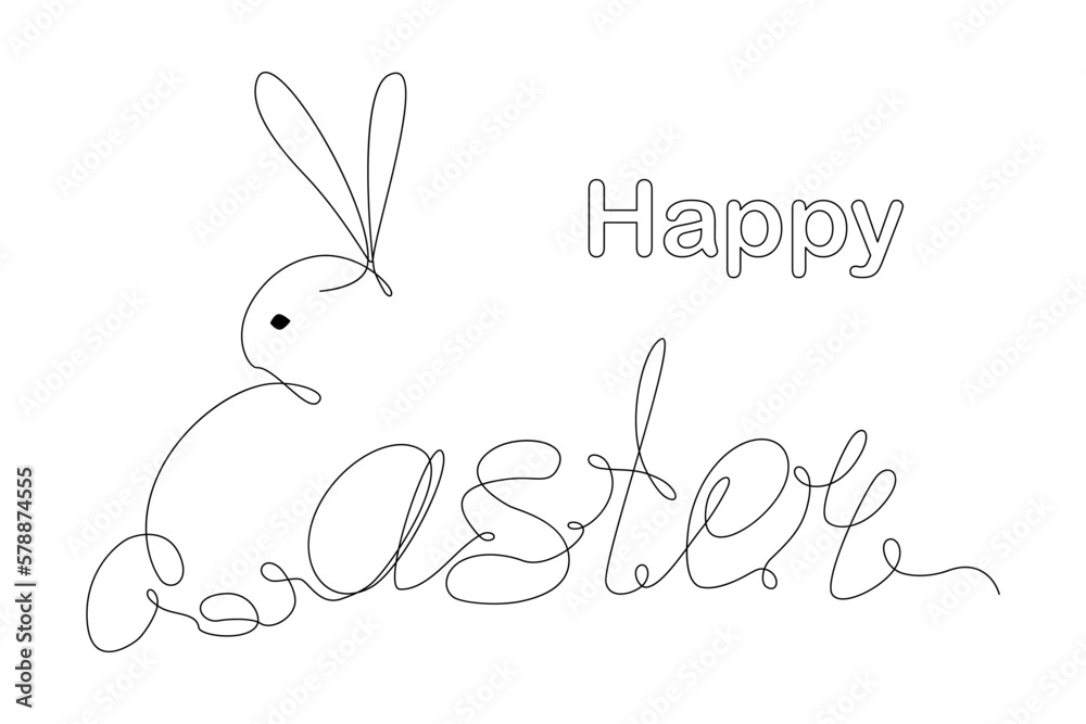 Obraz premium Easter bunny and Happy Easter lettering in one continuous line. One line contour drawing. Holiday