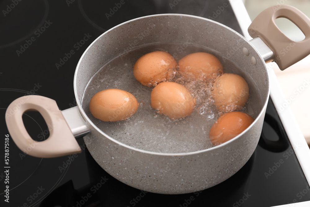 Cooking pot with boiling eggs on stove in kitchen Cooking pot with boiling eggs on stove in kitchen