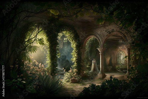 Leinwand Poster "The Romantic Pre-Raphaelite Garden of Eden " Generative AI
