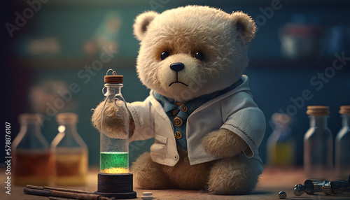 A scientist Teddy Bear mixing a green potion. Generative AI.