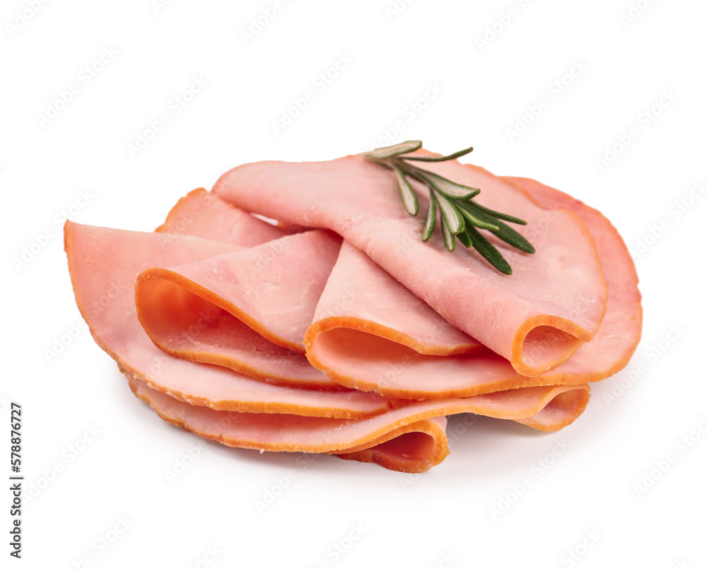 Slices of tasty ham and rosemary isolated on white background Slices of tasty ham and rosemary isolated on white background