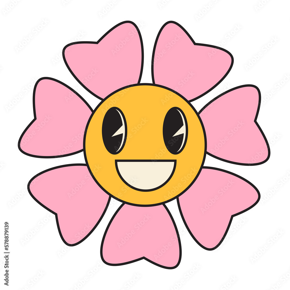 Groovy flower cartoon characters. Funny happy daisy with eyes and smile.