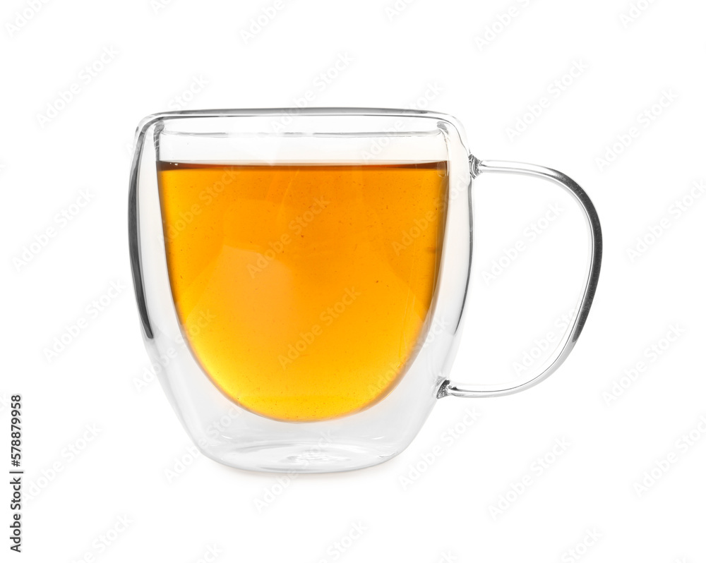 Glass cup of tasty green tea isolated on white background - obrazy, fototapety, plakaty 