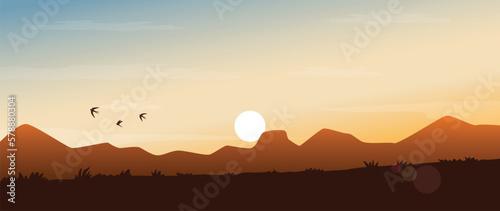 Beautiful mountain landscape. Sunset and sunrise in mountains. Outdoor and nature concept. Vector illustration.