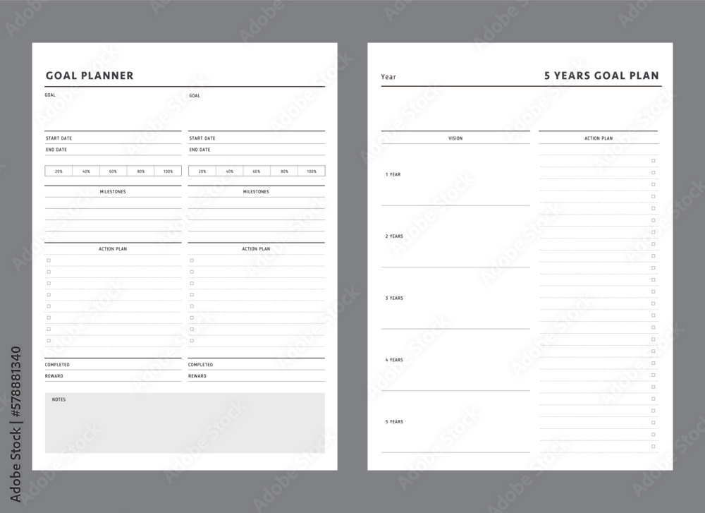 Goal Planner and 5 years Planner. Business organizer page. Paper sheet. Realistic vector illustration.
Goal Planner and 5 years Planner. Business organizer page. Paper sheet. Realistic vector illustration.