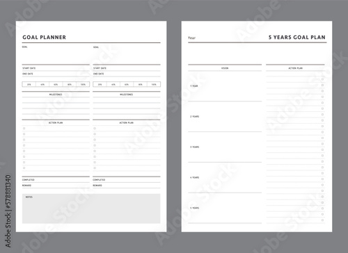 Goal Planner and 5 years Planner. Business organizer page. Paper sheet. Realistic vector illustration.
