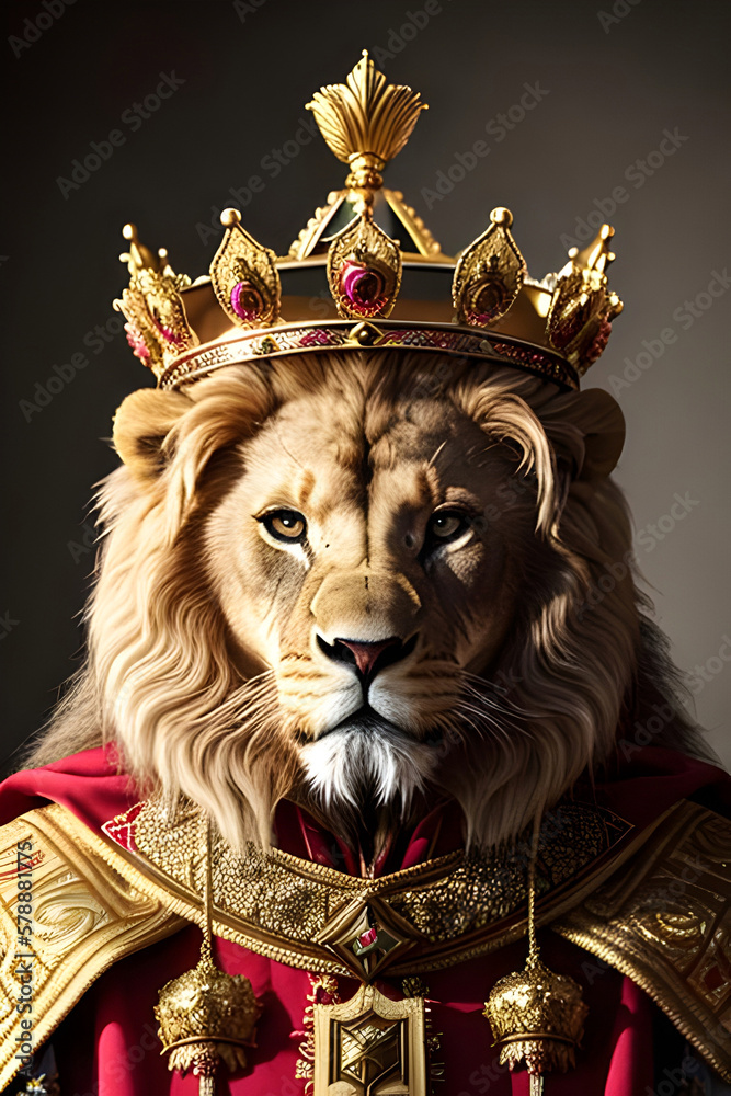 The lion person dressed in kings clothes and the crown on his head. Generative ai The lion person dressed in kings clothes and the crown on his head. Generative ai