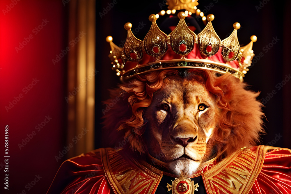 The lion person dressed in kings clothes  and the crown on his head. Generative ai