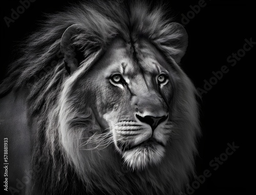 Portrait of a large African lion  male  black and white photograph of isolated wild savanna lion 