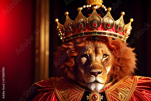 The lion person dressed in kings clothes  and the crown on his head. Generative ai