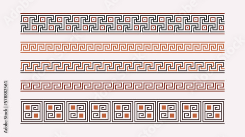 Greek key ornaments collection. Colored meander pattern set. Repeating geometric meandros motif. Greek fret design. Ancient decorative border. Vector decoration