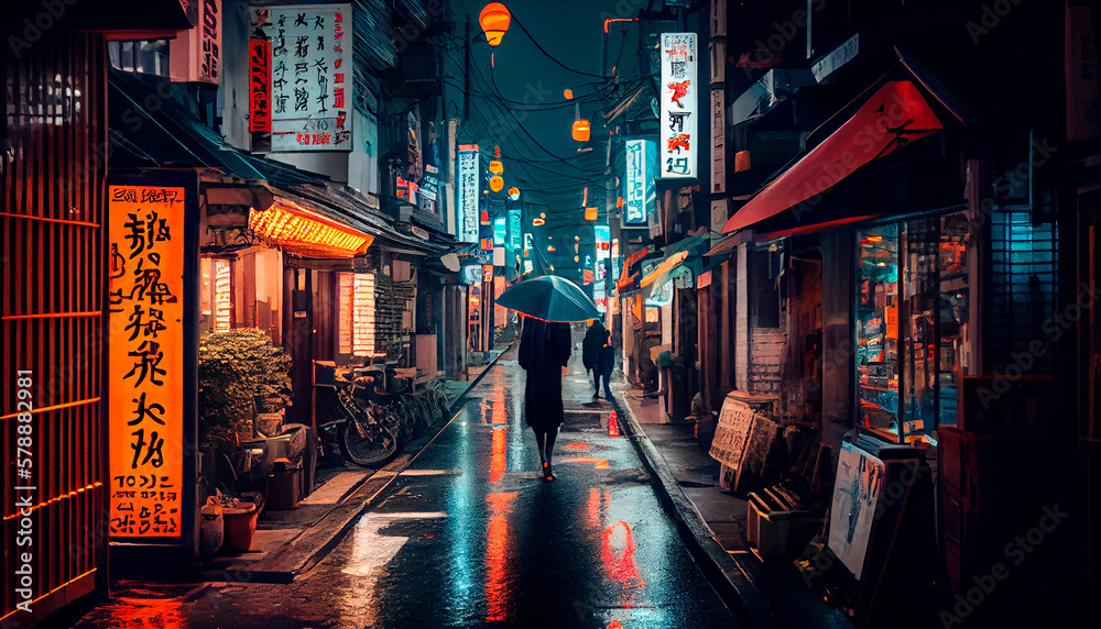 Cartoon anime style illustration of a silhouette on a rainy night scene ...