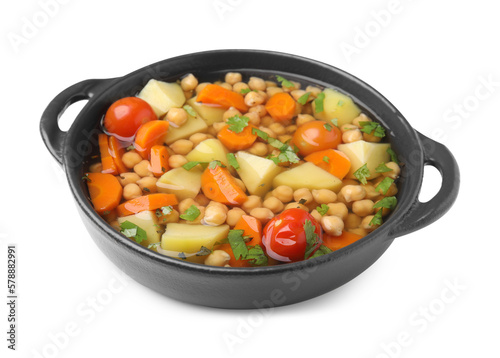 Tasty chickpea soup in bowl on white background