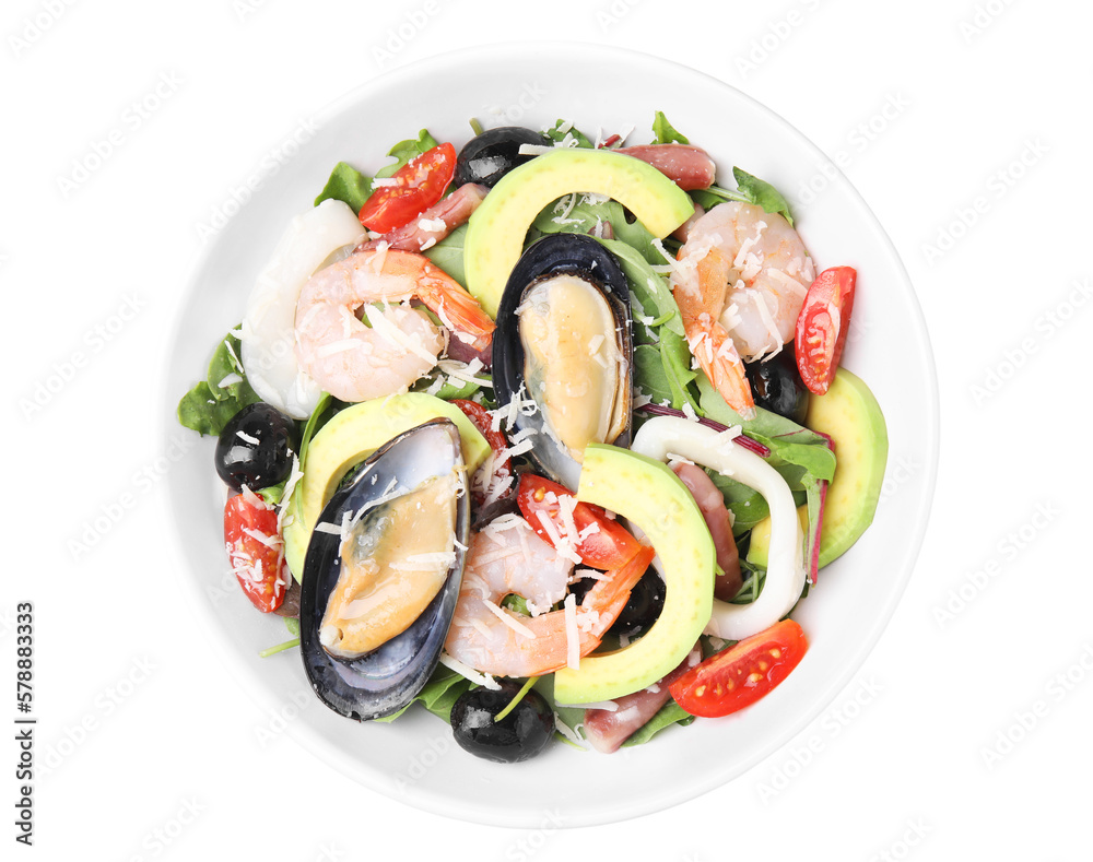 Bowl of delicious salad with seafood isolated on white, top view Bowl of delicious salad with seafood isolated on white, top view