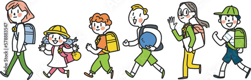 交通指導ボランティア見守りの元、元気に登下校する小学生たち　イラスト素材										
