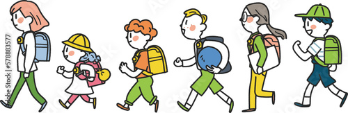 交通指導ボランティア見守りの元、元気に登下校する小学生たち　イラスト素材										
