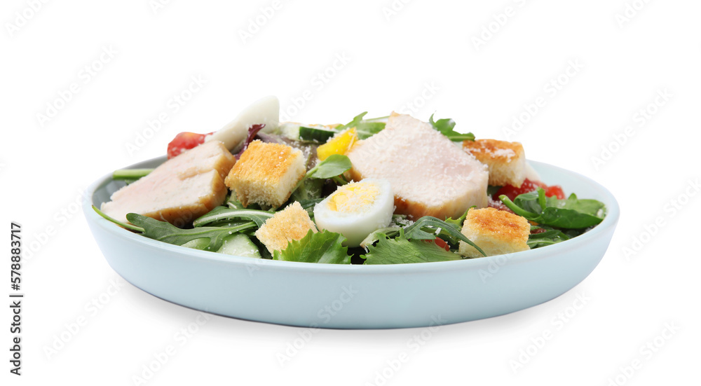 Delicious salad with croutons, chicken and eggs isolated on white Delicious salad with croutons, chicken and eggs isolated on white