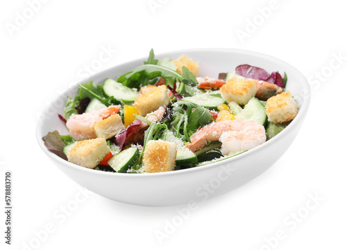 Delicious salad with croutons, cucumber and shrimp isolated on white