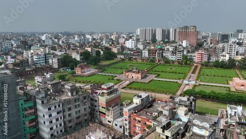 Aerial circling drone view of Lalbagh Fort and surroundings in Dhaka, Bangladesh. photo