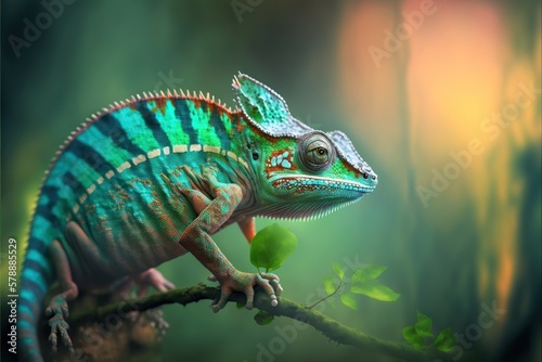 Color-changing lizard, exotic tropical pet, endangered chameleon, amouflage master, zoological marvel, adaptive lizard, GENERATIVE AI © nishihata
