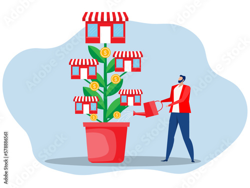 Franchise shop  business with growth tree.  Real estate business promotional  SME Flat vector illustration.