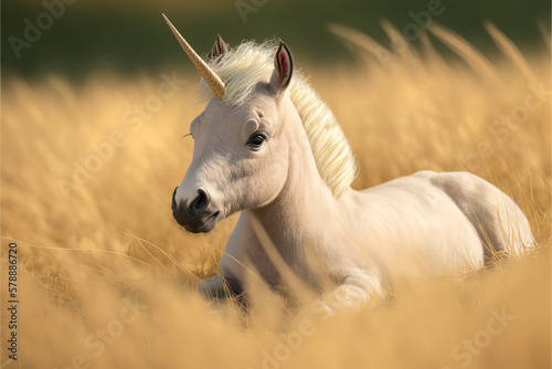 Photographie unicorn gold horn in the field Generative AI