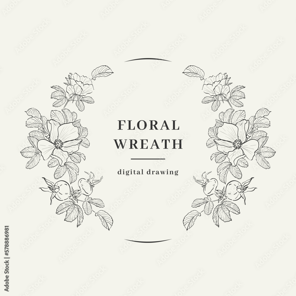 Floral Wreath Rosehip, Autumn circle monogram, Hand-drawn floral branch. Elegant floral frame Vector illustration