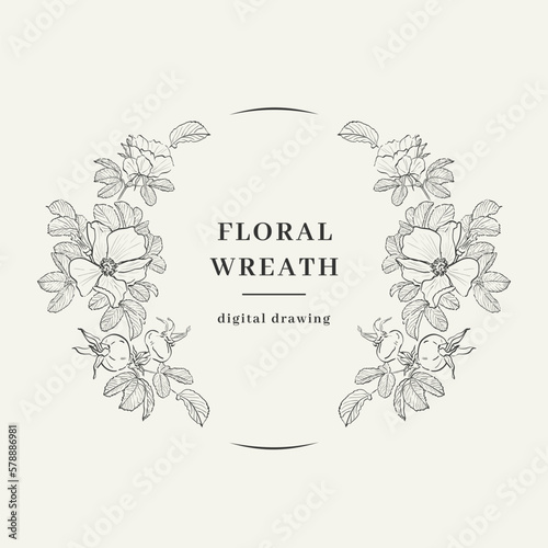 Floral Wreath Rosehip  Autumn circle monogram  Hand-drawn floral branch. Elegant floral frame Vector illustration