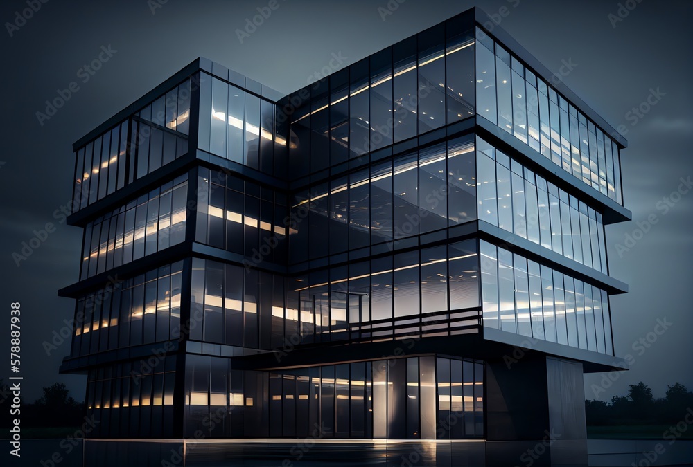 Obraz premium modern office building at night, large picture windows, generative AI