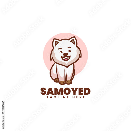 Vector Logo Illustration Little Samoyed Mascot Cartoon Style.