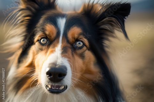 Super close-up portrait of a smiling collie dog looking at the camera. © Giovanna