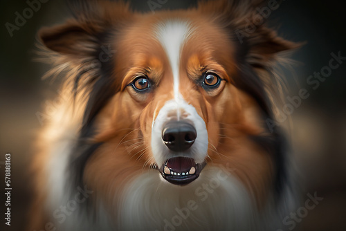 Super close-up portrait of a smiling collie dog looking at the camera.