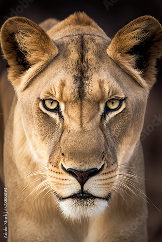 Super close-up portrait of a lion looking at the camera  only the face appears.