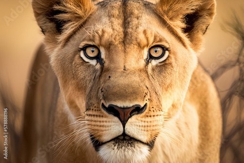 Super close-up portrait of a lion looking at the camera, only the face appears. © Giovanna