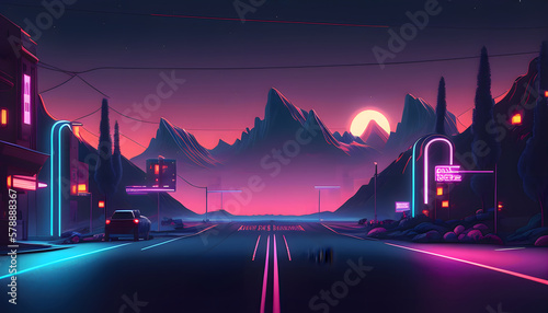 AI Generated Of A Dreamy Neon City Main Street - Digital Art. Purple Haze At Sun Set