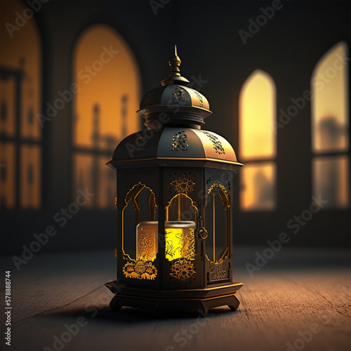 Arabic lantern with the ornamental pattern for Ramadan, generative ai