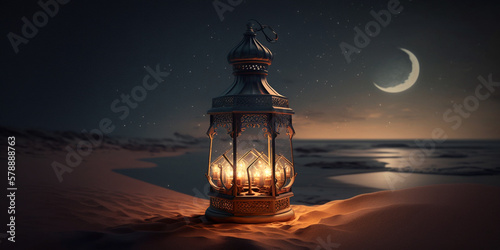 Arabic lantern with a candle and night sky with the moon in the background Ramadan, generative ai