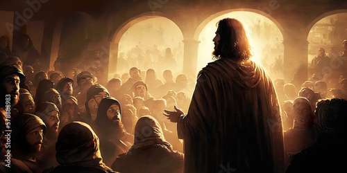 Obraz na płótnie Jesus Preaching at Sunset with Crowded Backdrop Generative AI