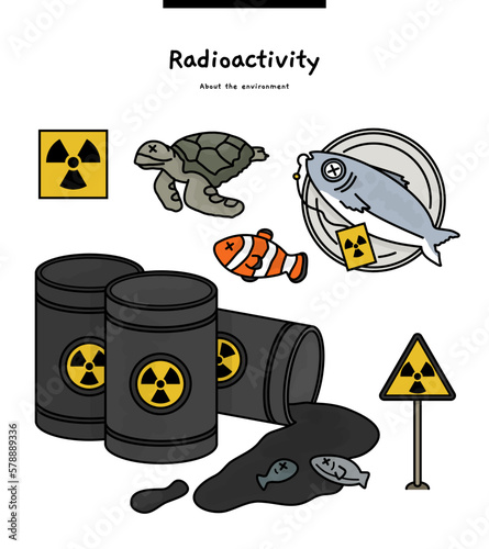 This illustration is a lot of stories that happen when radioactive waste is released into the sea. Suffering fish, marine plants and animals, and we can eat radioactive fish.
